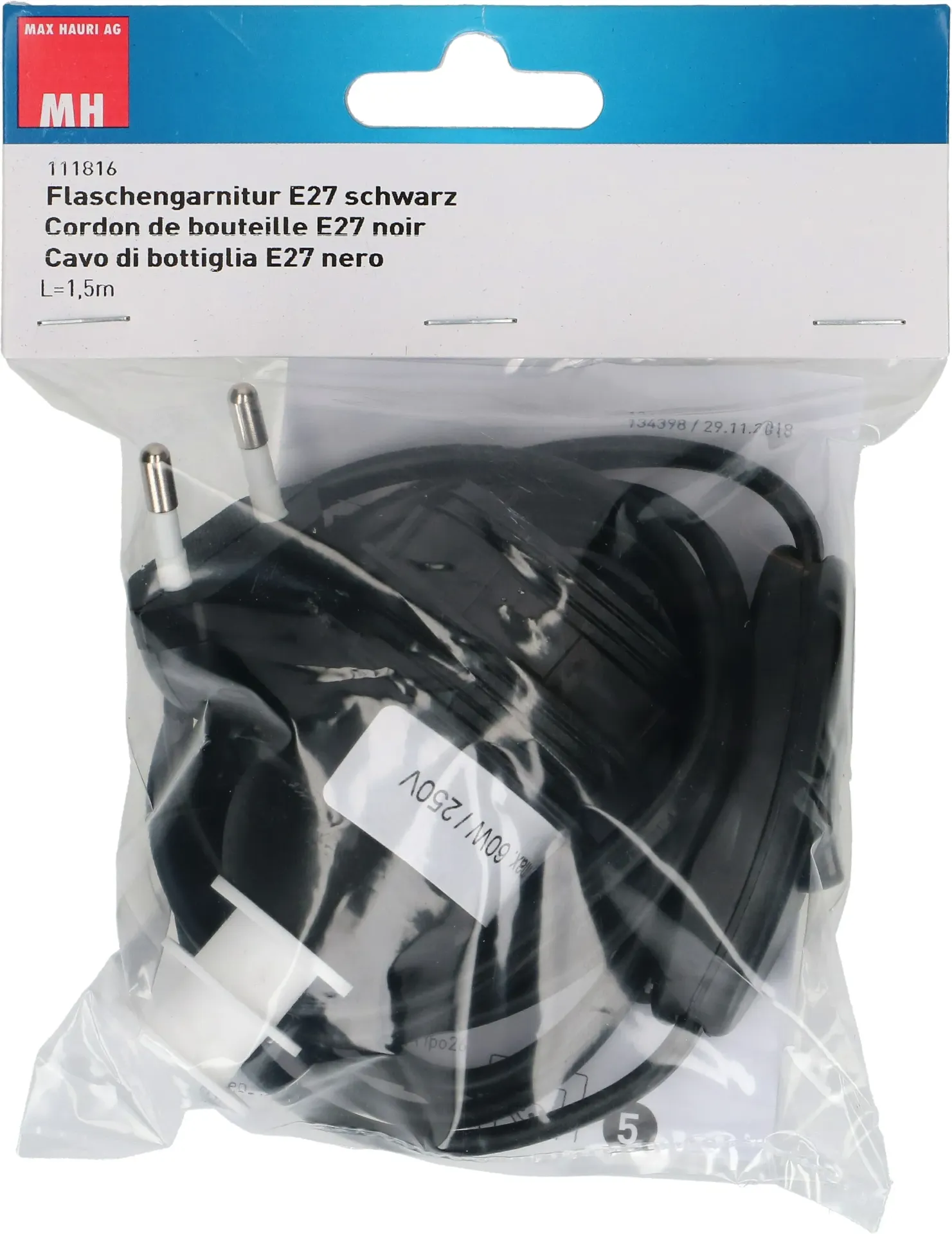 [700974] Flaschengarnitur E27 Fassung / schwarz / 1.5 Meter