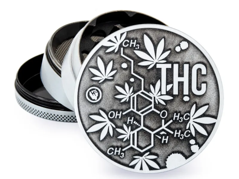 [7777779067] Metal Grinder Silver THC Molecules 4-teilig 60mm (Single)
