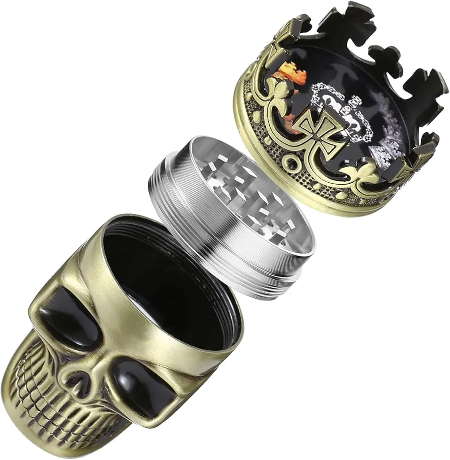 [2435897438567524] 75mm Grinder Metall Totenkopf Mühle Crusher Feinsieb Champ 3 teilig (Gold)